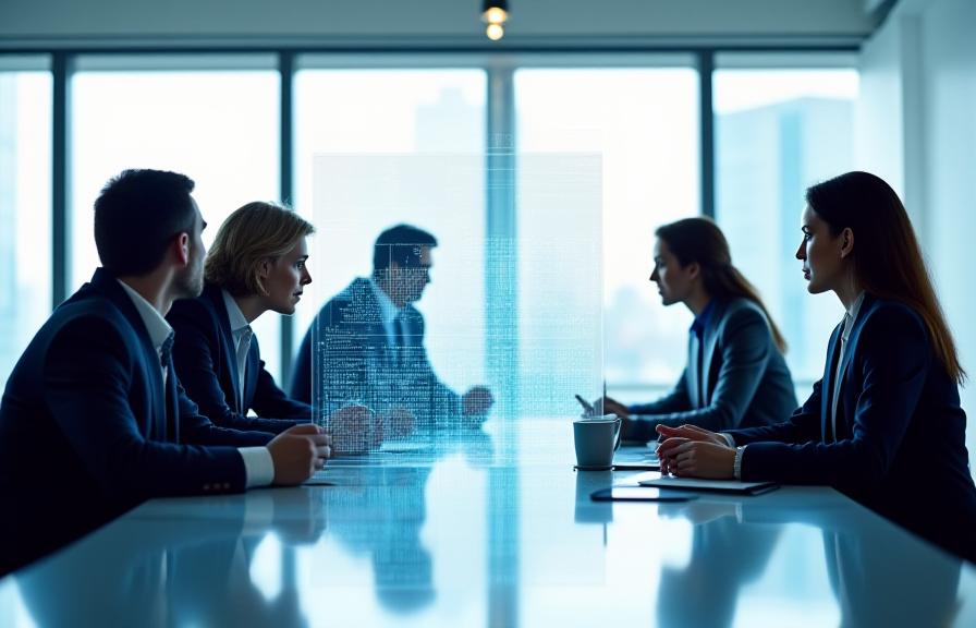 Business professionals interacting with holographic data