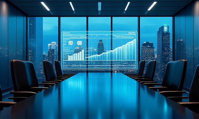 Futuristic automated office interface showing reporting stats