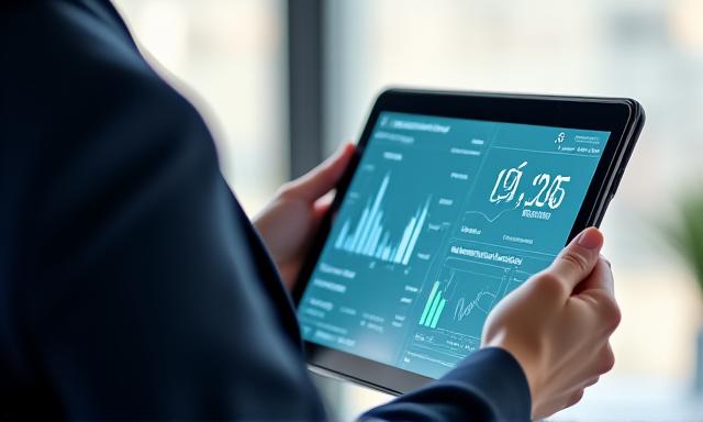 Business professional analyzing a dashboard on a tablet